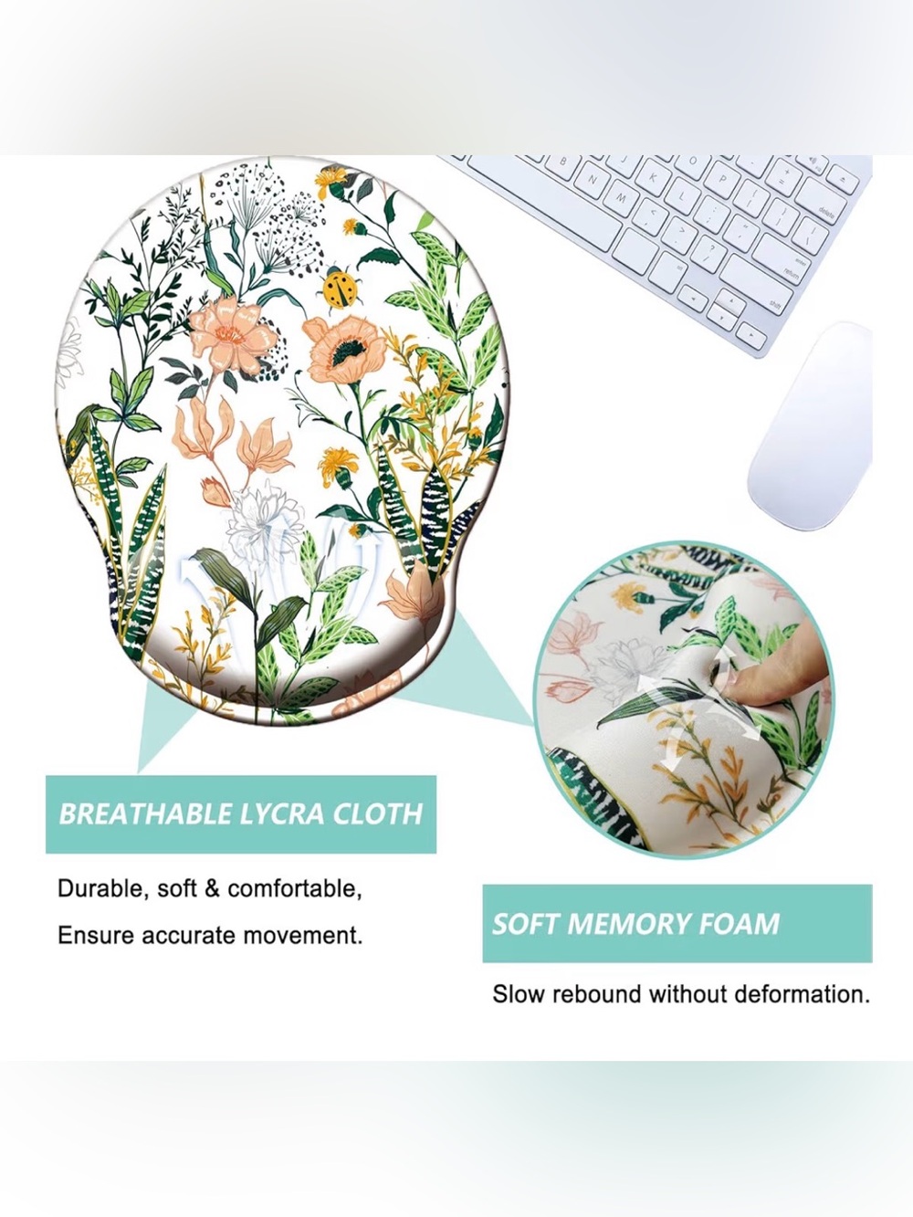 Ergonomic Floral Wrist Rest Mouse Pad Memory Foam Botanical Desk Accessory - Picture 5 of 9